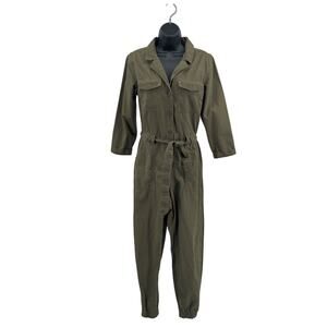 H&M Twill Jumpsuit Womens Size 6 Green 3/4 Sleeve Button Front Belted Overalls